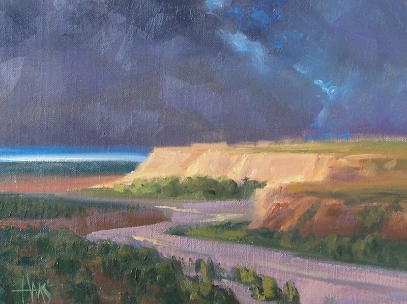 TOM HAAS painting ‘Mesa Storm’ oil 9″x12″ northern Arizona desert wash mountains