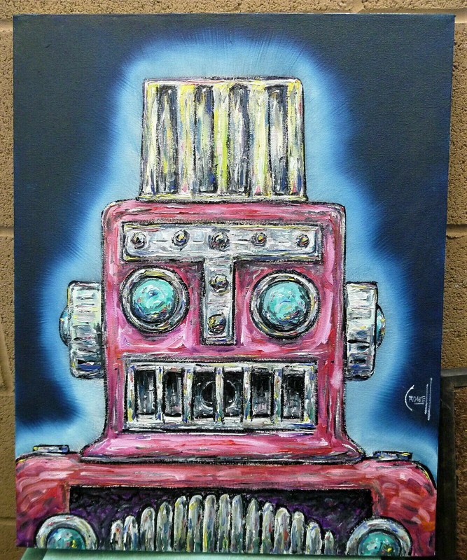 BIG RED ROB 16x20 canvas retro ROBOT mech oil painting original signed CROWELL gallery