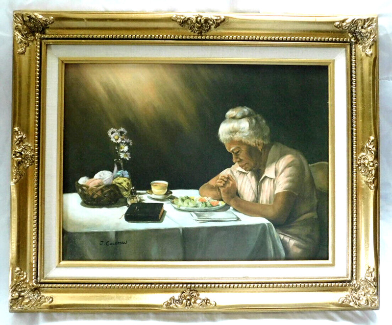 VERY WELL DONE SIGNED LITHOGRAPH ON CANVAS OF A WOMAN PRAYING