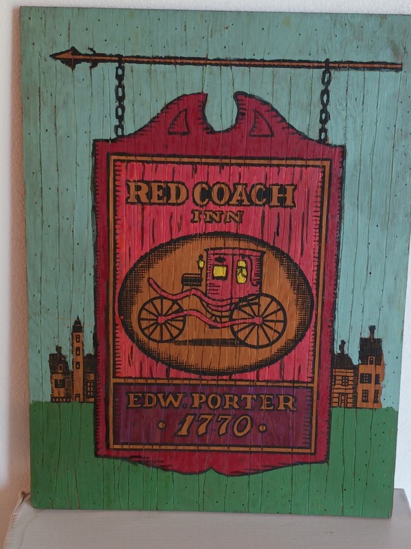 Vintage painting Arts and Crafts style 1900-1915 Red Coach Inn 1770 with coach