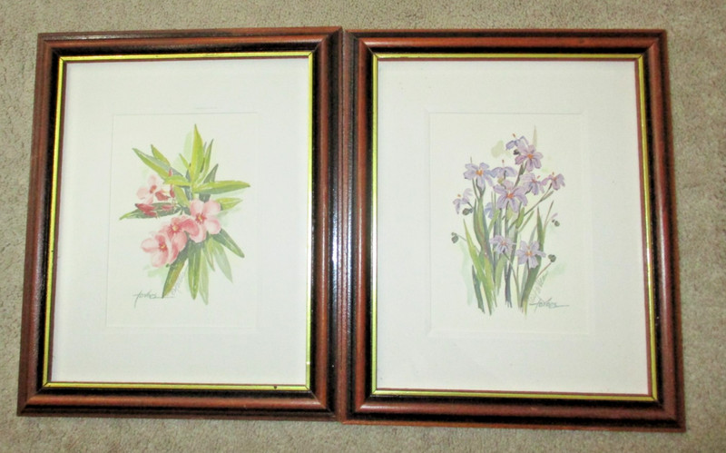 1980 Pair Framed Signed Joan Forbes Watercolor Prints Bermuda Flowers Oleander &