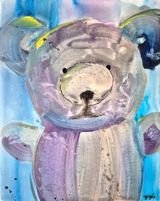 Original Hand Painted 11x14 Toy Animal Abstract Canvas Gray Blue Signed Art A193 gallery