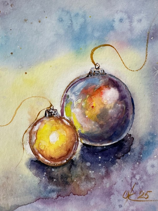 Watercolor Christmas Ornaments, Red yellow Green Baubles, Festive Winter Holiday gallery