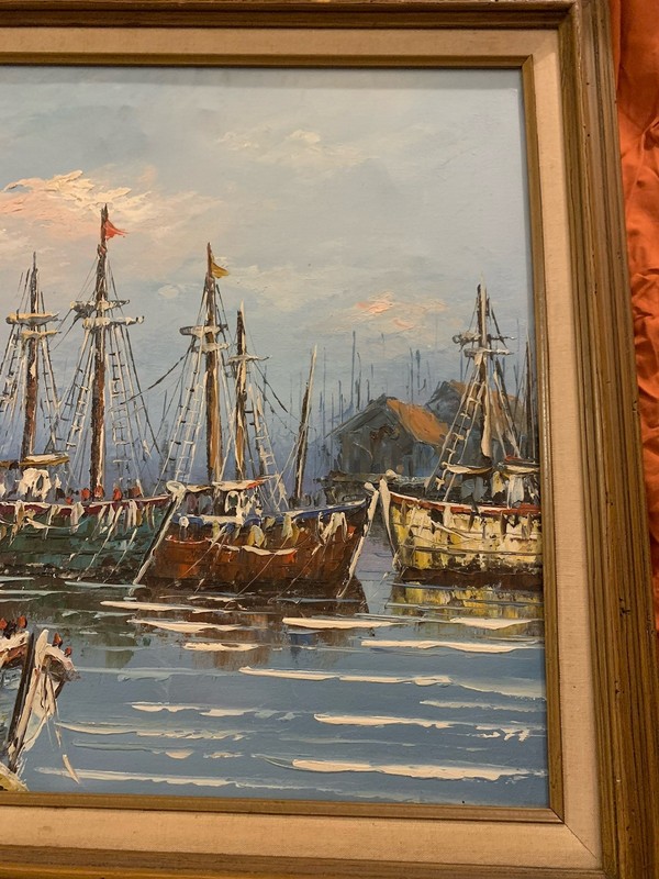 VTG Framed Oil Painting Sail Boats In Harbor Impressionist, 29x25”, Signed gallery