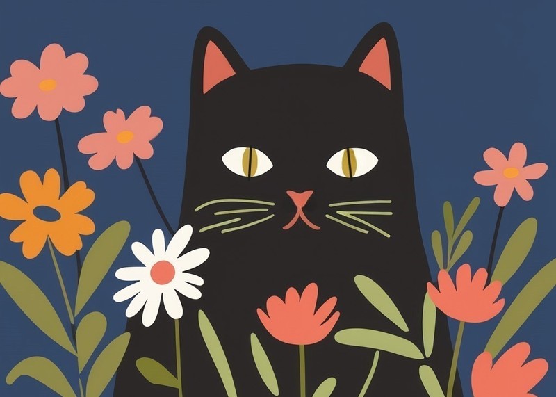 5×7 Mini ART PRINT Black Cat White Pink Flowers Miniature Tiny Art NOT ACEO