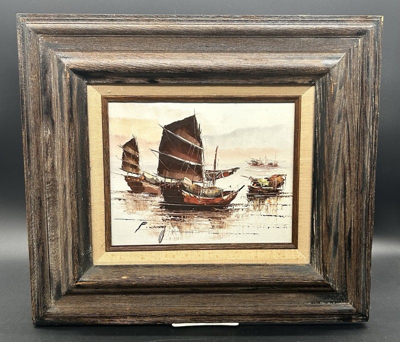 Oil Painting Canvas Framed Sea Nautical Junk Boats Asian by P. Wong 18×16