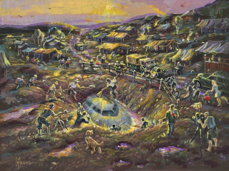 UFO Original Painting Michael Young Art Deco Landscape Town Ship Video Camera