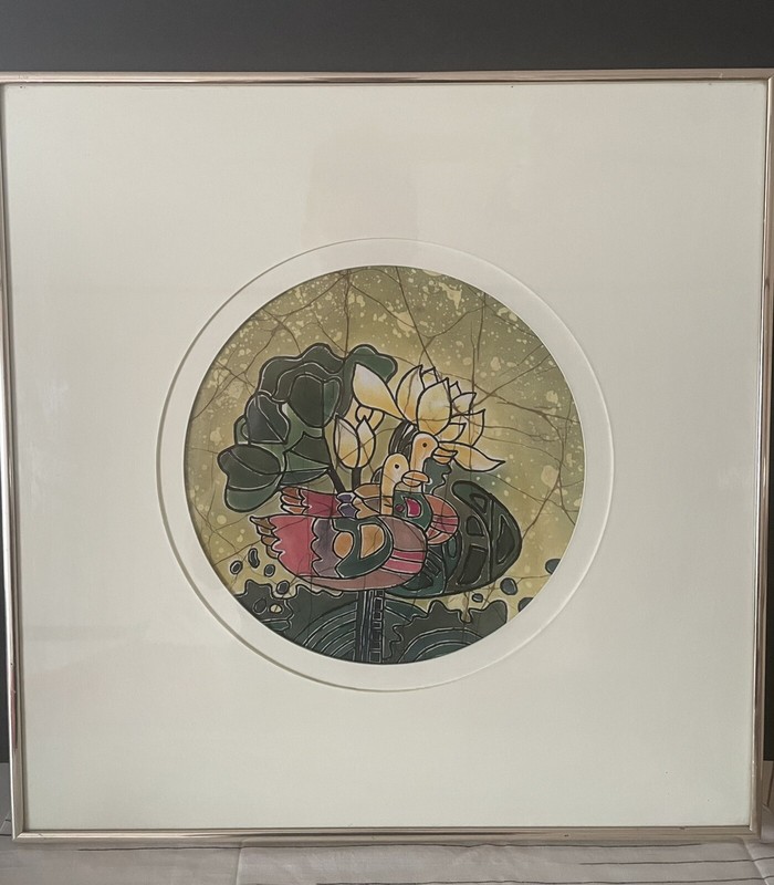 Abstract Art Korean Painting On Silk Floral Ducks Custom Round Matte Framed