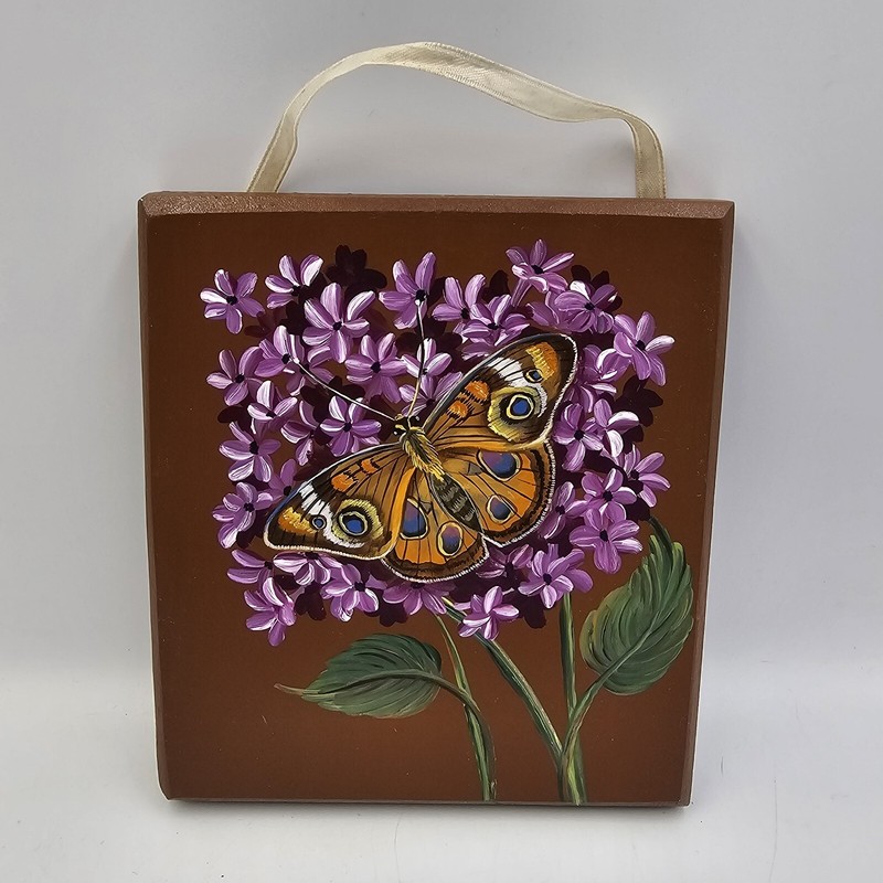 Hand Painted Common Buckeye Butterfly Lilac Lavender Flower Wood Plaque Signed