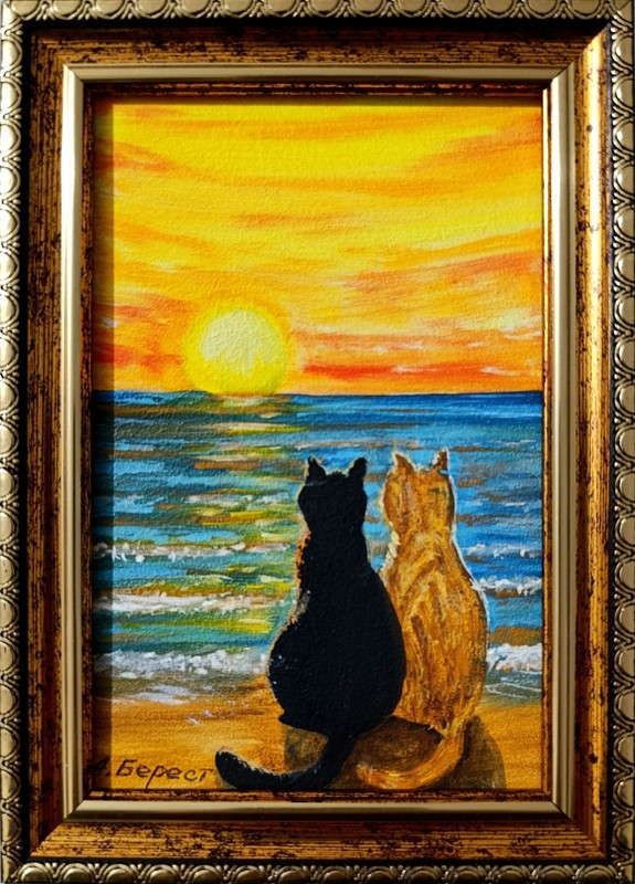 ORIGINAL Oil Painting Cats Landscape Miniature Contemporary Wall art Animal Pet gallery