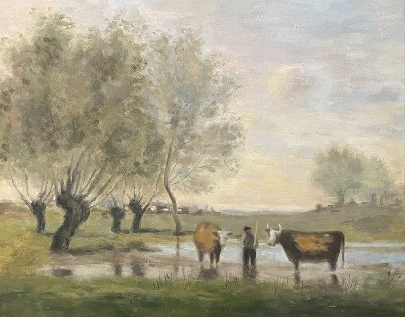 Original hand-painted landscape oil painting, Corot’s ‘Cows in Marshy Landscape’