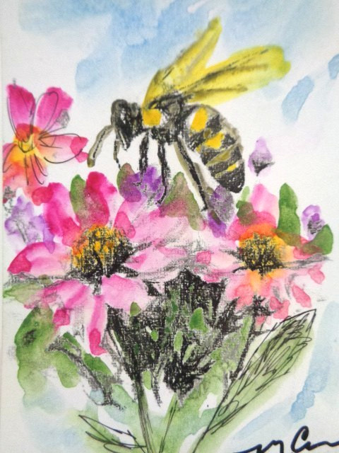 ACEO Pretty BEE ON FLOWERS FLORAL Watercolor Painting