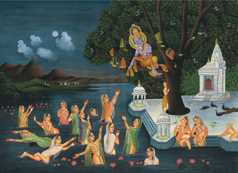Krishna Raas Leela Painting Of Gopi Vastra Haran Art On Silk Cloth 17x13.5 Inch gallery