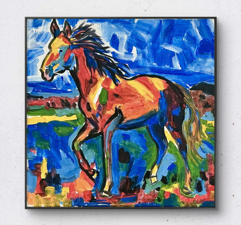 Original Colorful Fire Horse Painting Acrylic Expressive Equine Wall Art