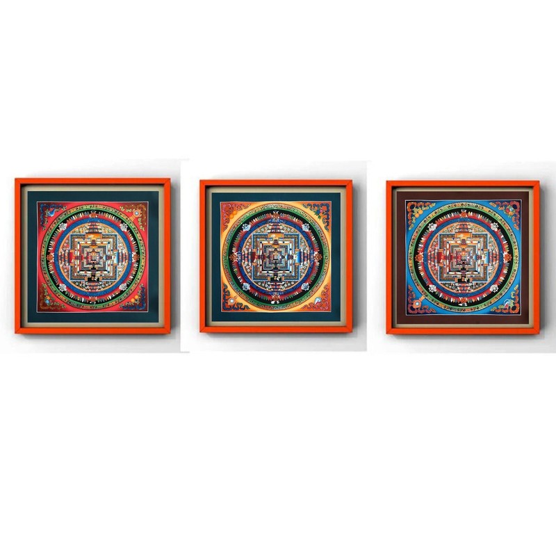 High Quality 3 Pieces Kalachakra Mandala Thangka, HH Dalai Lama