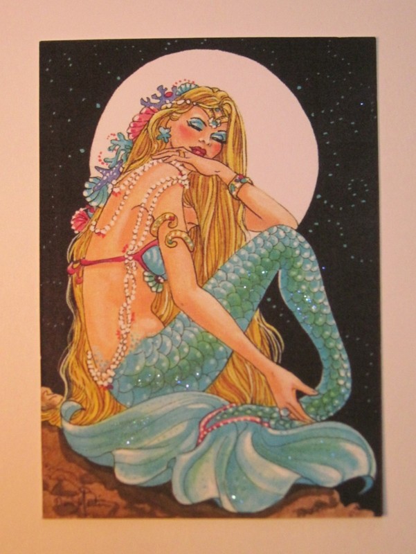 Mermaid Aceo Beauty Title: GOLDEN GLOW Moonlight stars Collectable PRINT L.E. gallery