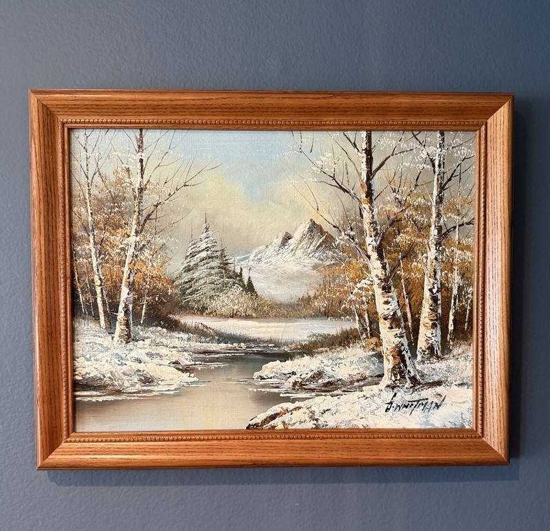 G. Whitman Snow Mountain River Landscape Oil Painting Framed 18.5”x 14.5”