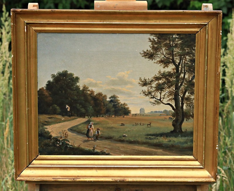 Carsten Henrichsen Danish Landscape With Figures Manor Oil Painting Framed