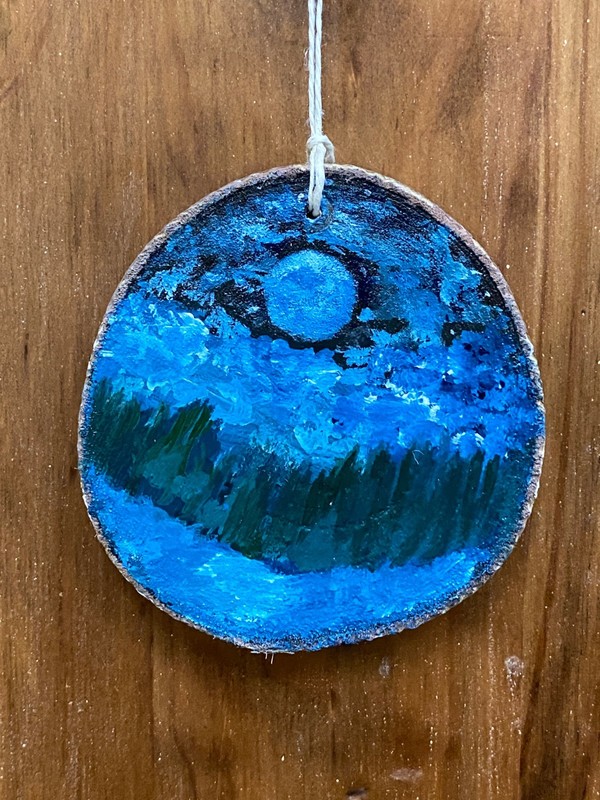 Handpainted Wood Slice Ornament, Blue Moon over Lake, hemp cord for hanging.