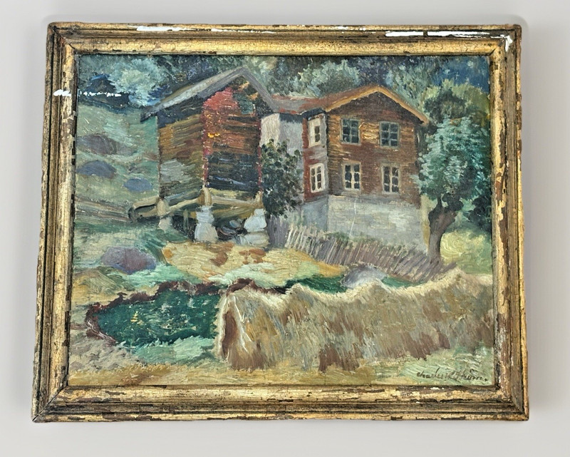 Original Oil Painting on Canvas Rustic Cabin Mill Scene Signed Circa 1900 19×15