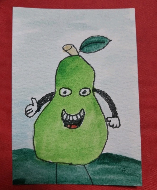 ACEO Original Art Card ATC Watercolor OOAK Pear Fruit Whimsical Painting GAT