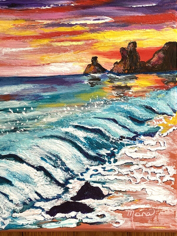 OCEAN BEACH WAVES CRASHING ON SHORE, SUNSET, NEW ACRYLIC, HAND PAINTED ON CANVAS