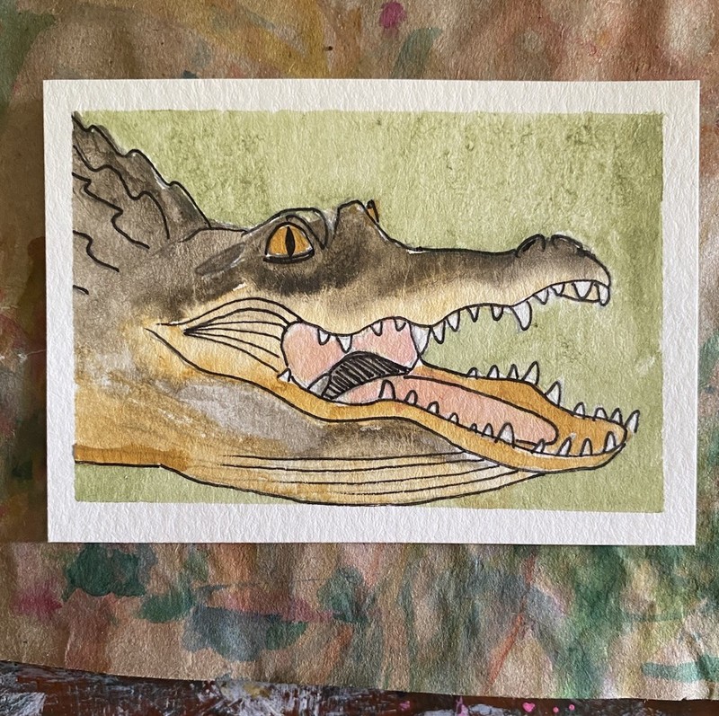 Swamp Creature Gator Alligator Art Card Painting Earthy Paper ACEO Mini Art