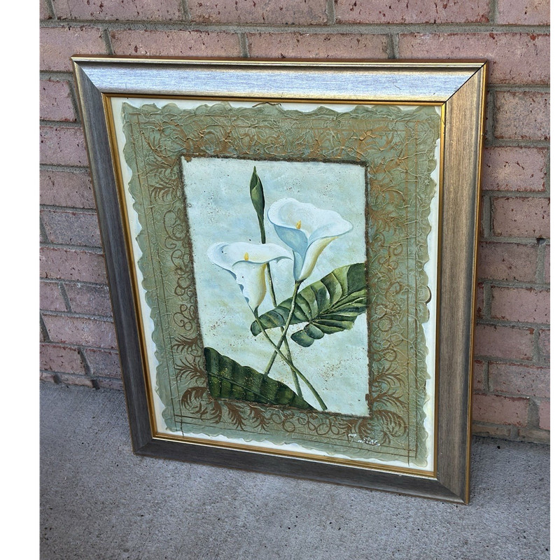 J. Miles Signed Framed Still Life Painting White Calla Lilies Floral Art