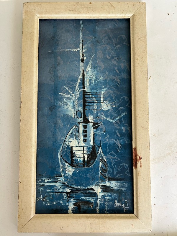 VTG MCM Signe 1967 ANDY B Blue Abstract Fish Ship Vessel Thick Palette Oil Paint gallery