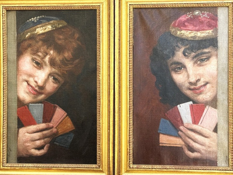 Jean-Andre Rixens (French), ANTQ c 1880 Orig. Genre O/C «Card Tellers», Lot of 2