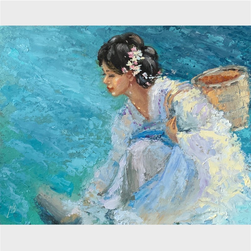 Woman near river oil painting Landscape with Beautiful Lady 10×8 Elena Boyko