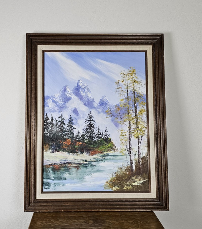 Original Signed Landscape Nice Oil Painting Framed Mountain River Cabin Wall Art