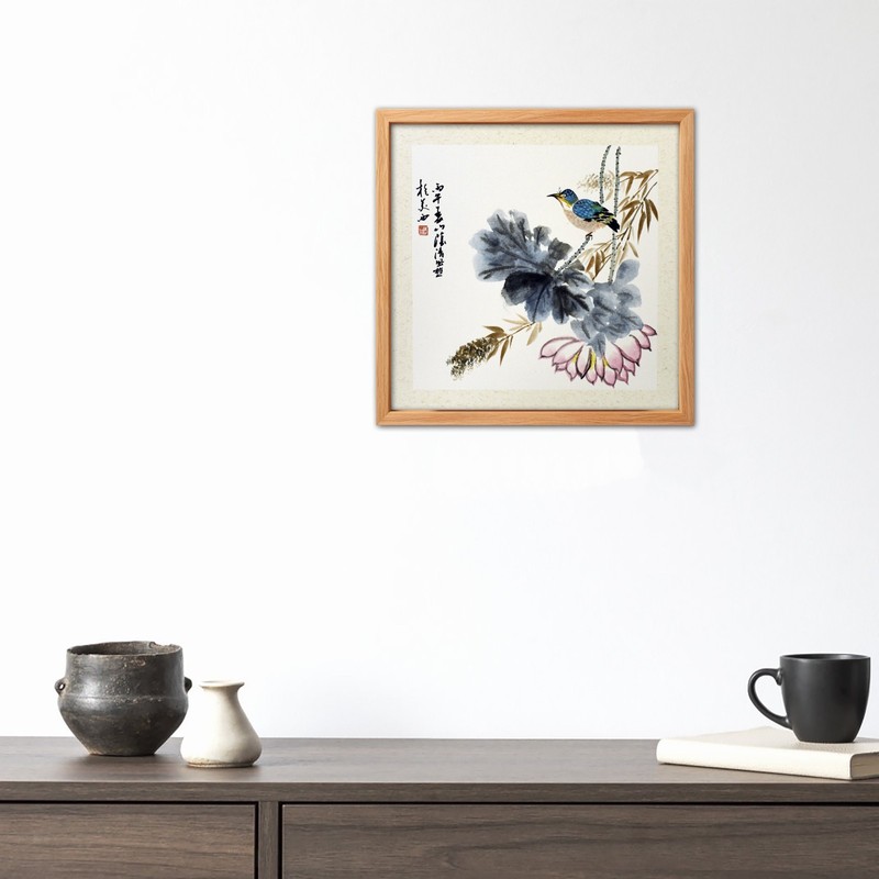 Original Chinese Ink Painting Lotus Kingfisher Bamboo Framed Signed 14.6″ Art
