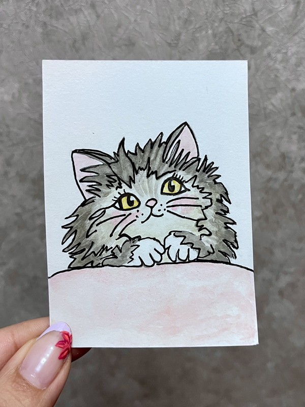 ACEO Peeking Grey Kitten OOAK Miniature Cat Art Original Watercolor Painting
