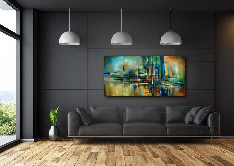 interior art painting green blue earth tones original geometric large Mike Lang gallery
