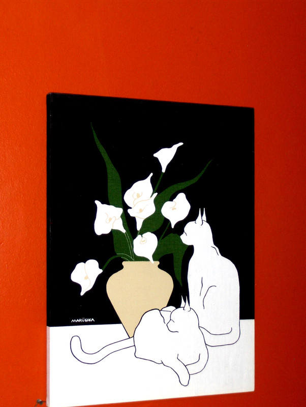 BEAUTIFUL by Maruschka Painting Canvas Cats Calla Dark screen print white/black