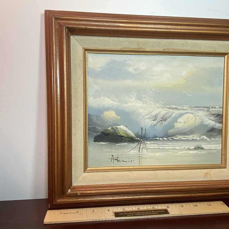 Signed Antonio Canvas Oil Painting Coastal Seascape Seagulls Waves Crashing gallery