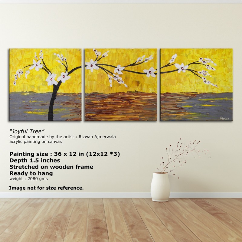 paintings on canvas original, Yellow Acrylic Abstrac handmade painting, Triptych