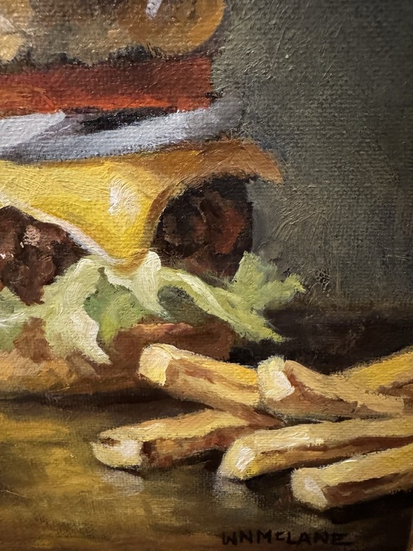 Original New Impressionist Still Life Cheeseburger Onion Fries Oil Painting gallery