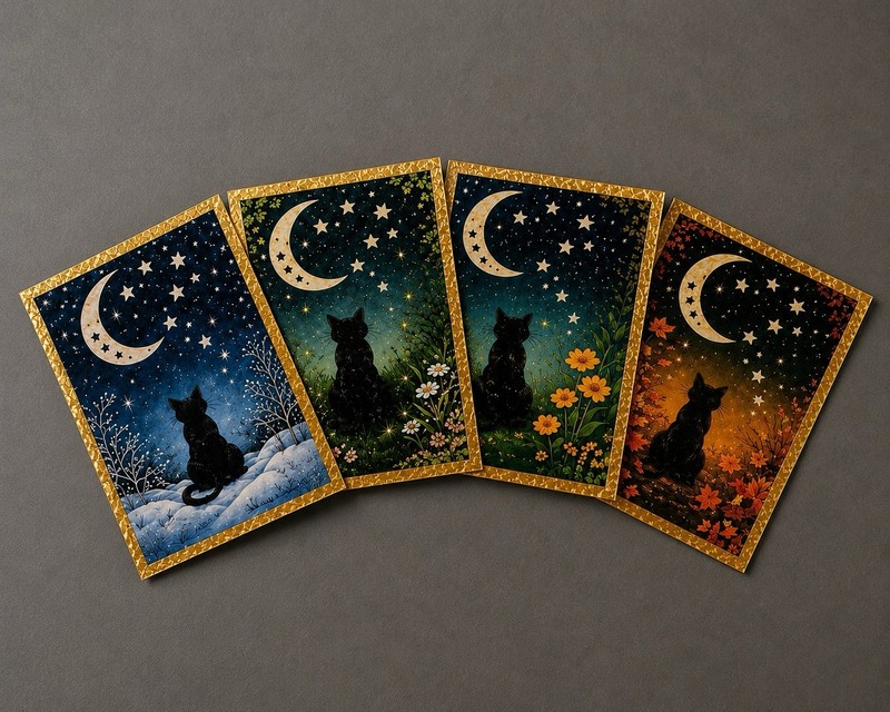 ACEO Limited Edition Print Set Four Seasons Cat Art 3.5×2.5