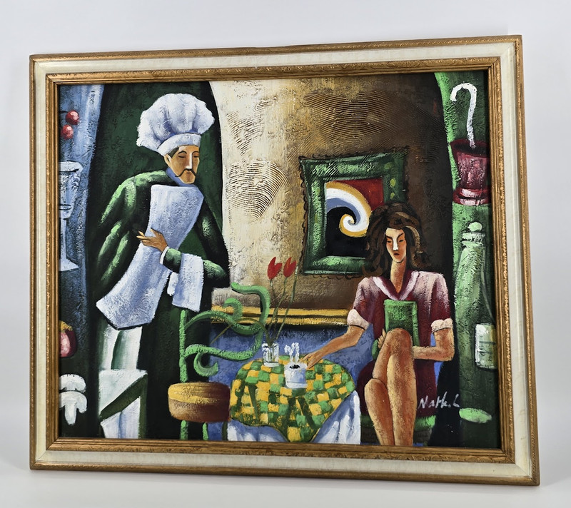 Hand Painted & Signed Portrait Art in Cafe Chef Framed OIL PAINTING ON CANVAS gallery