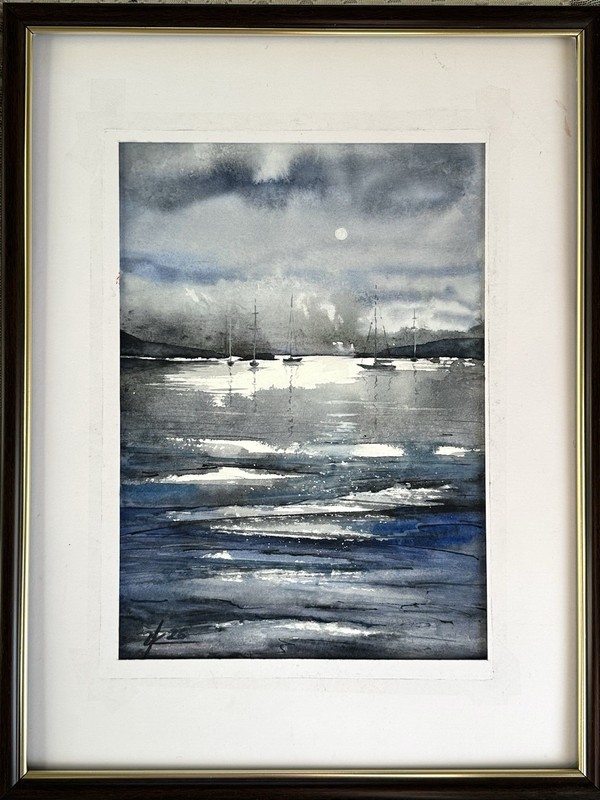 Sea scape sunset regatta yachts bright Black And White Watercolour Original ￼ gallery