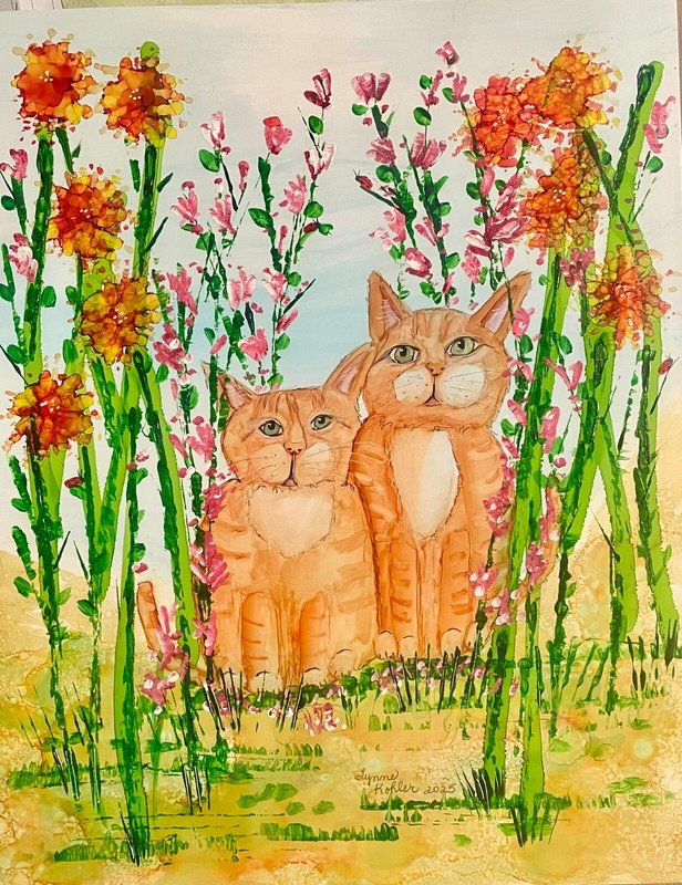 Original Painting 11×14″ orange Cats kittens garden flowers by Lynne Kohler