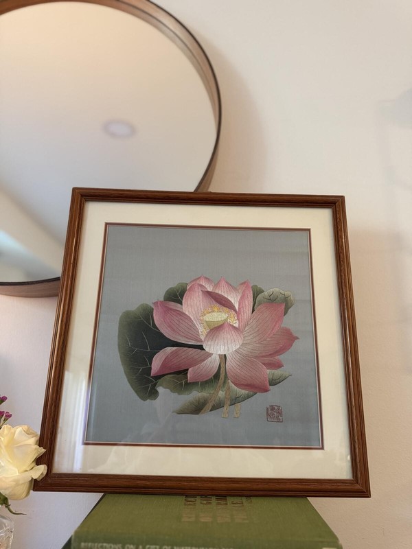 Chinese Silk Painting Embroidery Pink Lotus Flower Framed Signed by Artist gallery
