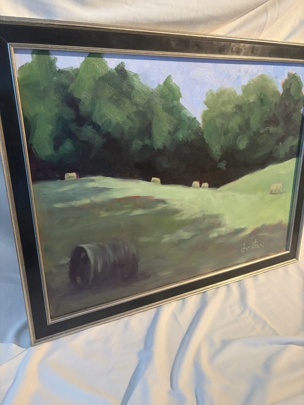 Dostian Framed Signed Impressionist Landscape Painting - Trees & Hay Bales Field gallery