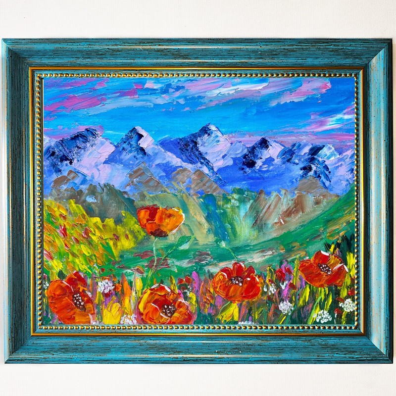 Grand Teton Original Painting National Park Red Poppy Rocky Mountains Fields