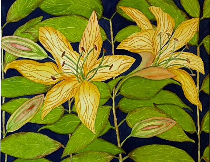 PAINTING WATERCOLOR LILY FLOWER ORANGE YELLOW 11X14 & DOUBLE WHITE MAT 16X20