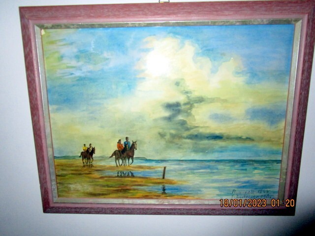Ocean scene Horse back Riders -Aquarell/ 1946 Artist Gasteiger /Germany