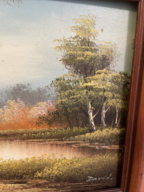 Vintage Framed Landscape Oil Painting Forest River Wood Frame Wall Art 13 X 11 gallery
