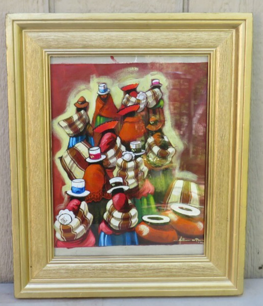 ORIGINAL FRAMED A GROUP OF PERUVIAN PEOPLE OIL ON CANVAS PAINTING SIGNED